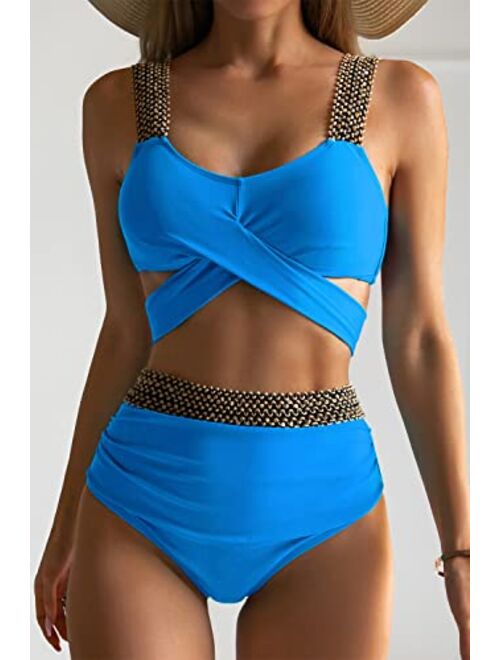 Eomenie Women Two Piece Cross Wrap Bathing Suit Tie Back, High Waist Tummy Control Swimsuit 2 Piece Curvy Bikini Swimwear