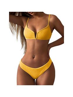 Women's V-Wire Padded Ribbed High Cut Cami Bikini Set Two Piece Swimsuit
