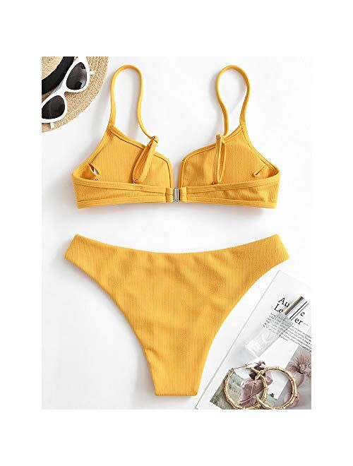 ZAFUL Women's V-Wire Padded Ribbed High Cut Cami Bikini Set Two Piece Swimsuit