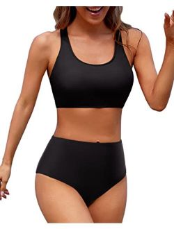 Holipick Women High Waisted Two Piece Bikini Sports Crop Top Swimsuit Scoop Neck Bathing Suit for Teen Girls with Shorts