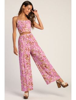 Bright Look Purple Floral Lace-Up Two Piece Jumpsuit