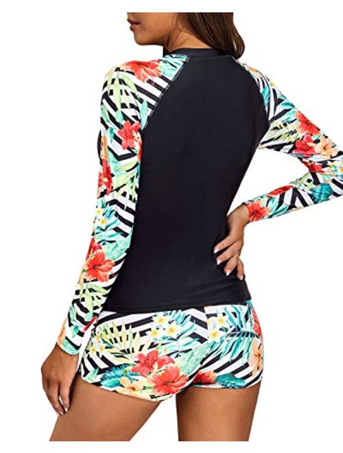 Daci Women Two Piece Rash Guard Long Sleeve Swimsuits UV UPF 50+ Swim Shirt Bathing Suit with Boyshort Bottom