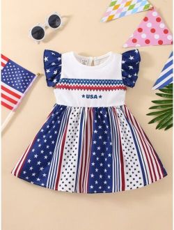 Baby Striped & Star Print Ruffle Sleeve Dress