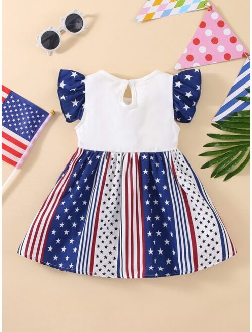 Shein Baby Striped & Star Print Ruffle Sleeve Dress