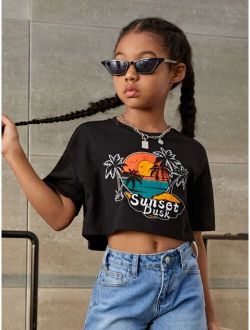 Girls Palm Tree & Letter Graphic Drop Shoulder Tee