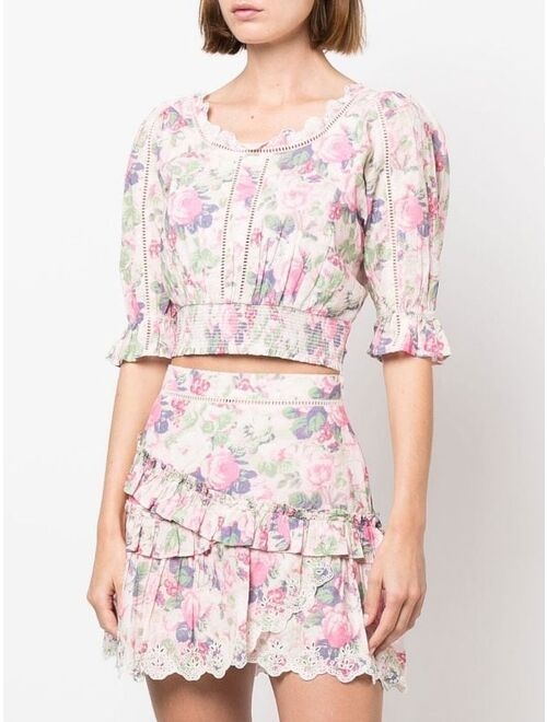 LoveShackFancy floral-print cropped cotton blouse
