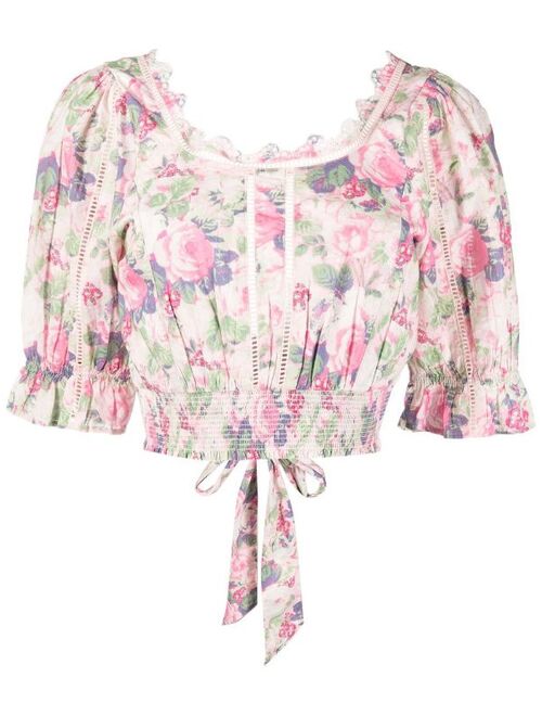 LoveShackFancy floral-print cropped cotton blouse