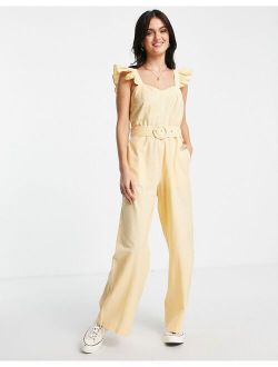 cotton flax frill strap belted jumpsuit in buttermilk
