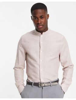 regular smart linen shirt with mandarin collar in pink