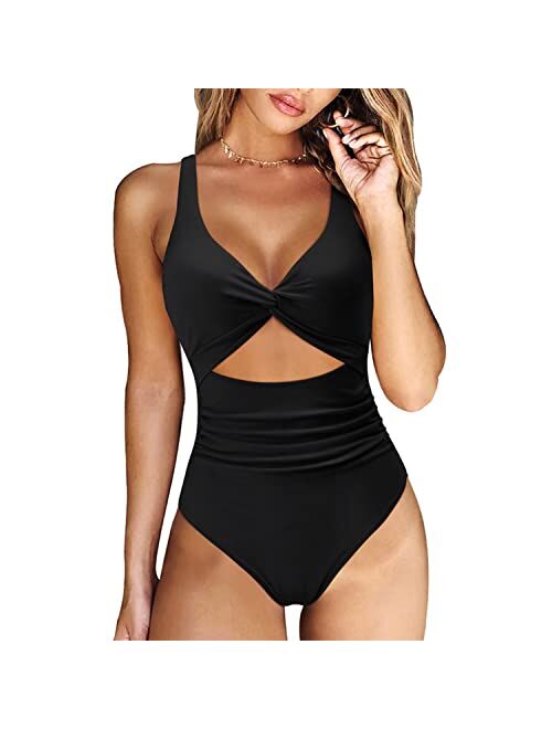 RXRXCOCO Women Front Cross Cutout One Piece Swimsuit Tummy Control High Waisted Monokini Bathing Suit