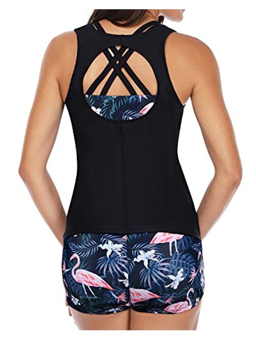 Yonique Tankini Swimsuits for Women 3 Piece Bathing Suits Swim Tank Top with Boy Shorts and Bra Modest Swimwear
