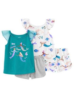 Toddler Girls 4-Piece Mermaid Loose Fit T-shirt and Shorts Pajama Set