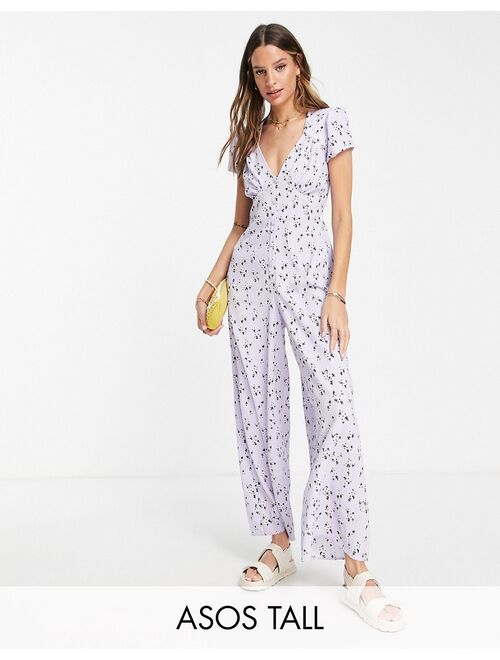 ASOS DESIGN Tall bubble crepe cap sleeve tea button front jumpsuit in lilac ditsy