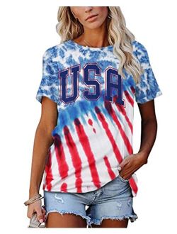 VILOVE USA Shirt Women 4th of July T-Shirt Patriotic America Flag Top Casual Tie Dye Graphic Tee Tops
