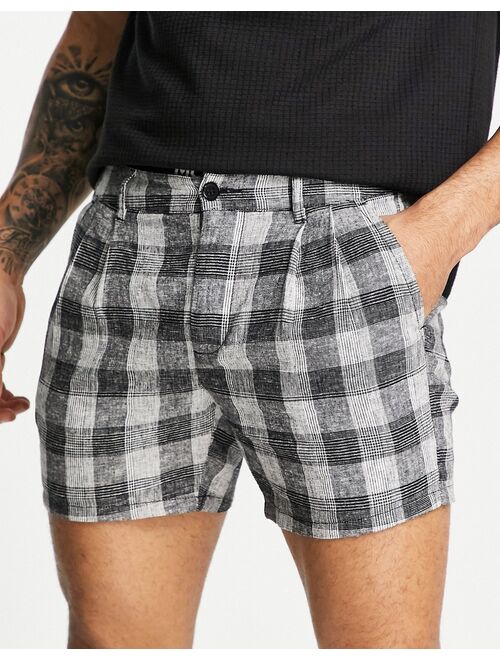 ASOS DESIGN linen cigarette shorts in gray plaid