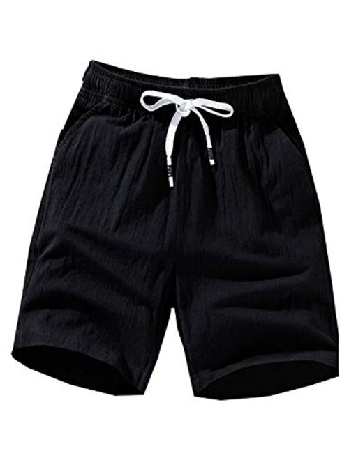 Yeokou Mens Solid Mid Waist Drawstring Loose Fit Casual Cotton Linen Beach Shorts