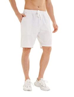 YuKaiChen Men's Linen Cotton Casual Classic Fit Shorts Flat Front Drawstring Summer Beach Shorts with Pockets
