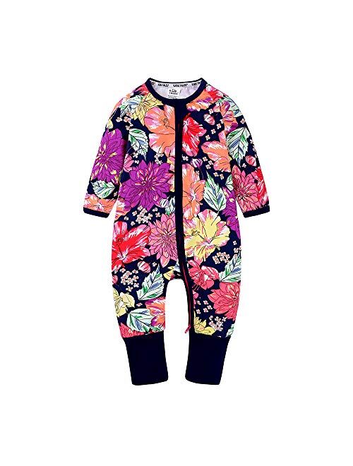 Kids Tales Baby Boys Girls Sleepwear Double Zipper Romper Long Sleeve Graphic Print Bodysuit Infant Pajamas