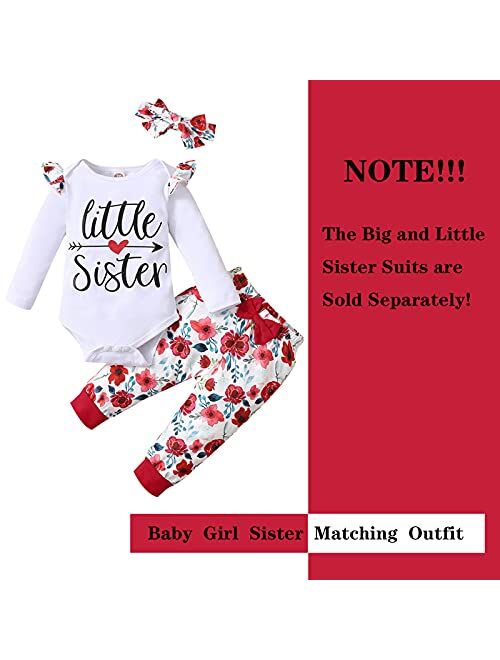 Grnshts Baby Girl Sister Matching Outfits Little Big Sister Letter Ruffle Romper Top+Floral Pants+Headband 3Pcs Clothes