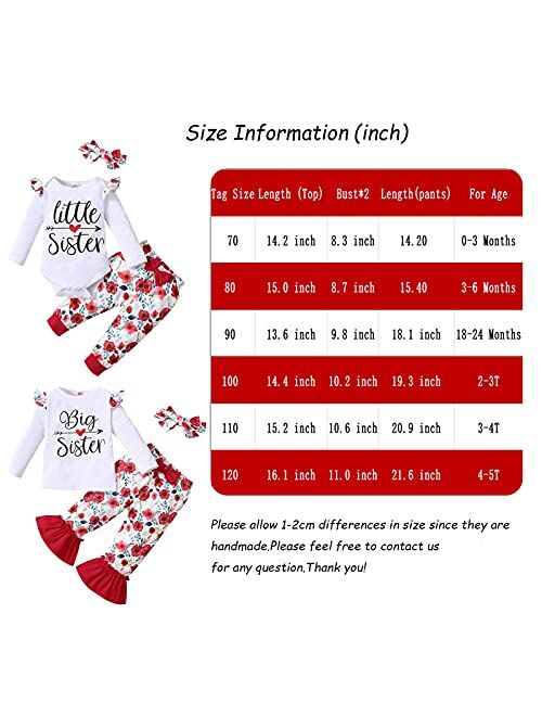 Grnshts Baby Girl Sister Matching Outfits Little Big Sister Letter Ruffle Romper Top+Floral Pants+Headband 3Pcs Clothes