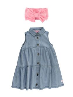 Baby Girls Tiered Button Dress and Bow Headband Set