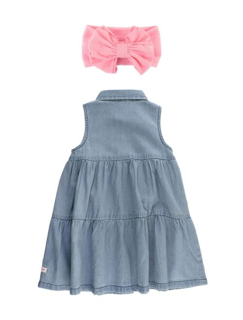 RuffleButts Baby Girls Tiered Button Dress and Bow Headband Set