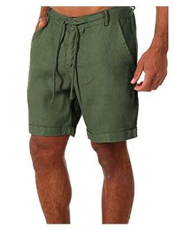 ZIWOCH Men's Linen Casual Classic Shorts Elastic Waist Summer Beach Lightweight Board Slim-Fit with Pockets