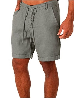 Generic Linen Cotton Athletic Shorts for Men Summer Lightweight Board Slim-Fit Shorts Lacing Waist Short Pants with Pockets