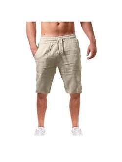LEIYAN Mens Cotton Linen Shorts Casual Stretch Waist Drawstring Capri Yoga Shorts Active Workout Lounge Shorts