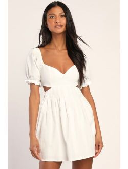 Love the Feeling White Puff Sleeve Lace-Up Cutout Mini Dress