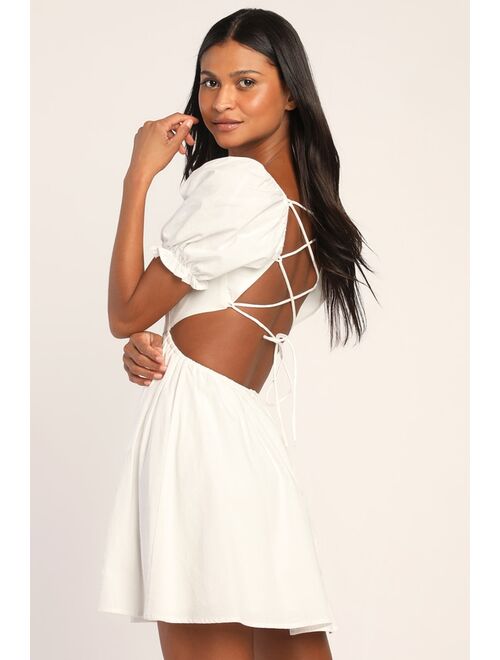 Lulus Love the Feeling White Puff Sleeve Lace-Up Cutout Mini Dress
