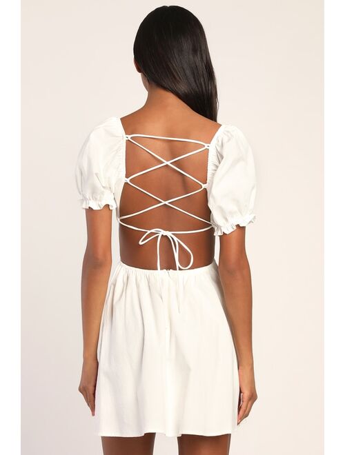 Lulus Love the Feeling White Puff Sleeve Lace-Up Cutout Mini Dress