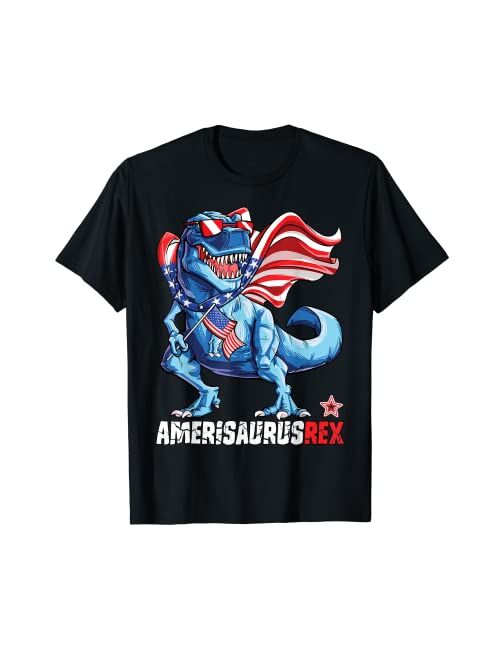Lique Patriotic Dinosaur 4th of July Kids Boys Men Amerisaurus T Rex Funny T-Shirt