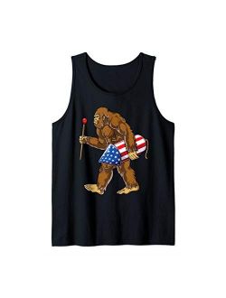 Lique Patriotic Bigfoot Fireworks 4th of July Men Sasquatch American Flag Tank Top