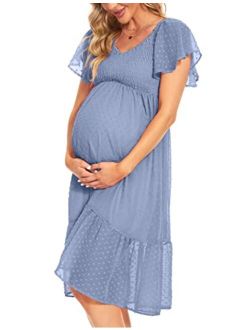 Kim S Swiss Dot Smocked Maternity Dress/V Neck Flutter Sleeve Midi Dress for Baby Shower Wedding Guest Photoshoot