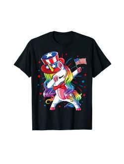 Lique Patriotic Dabbing Unicorn 4th of July Uncle Sam Girls American Flag T-Shirt