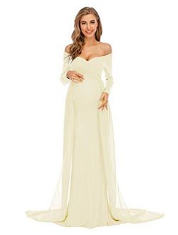 ZIUMUDY Maternity Off Shoulder Long Sleeve Fitted Gown Maxi Chiffon Dress for Photo Shoot Baby Shower