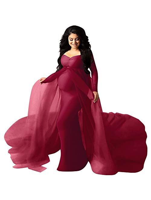 Iwemek Women Off Shoulder Long Sleeve Maternity Dress Tulle Elegant Slim Fit Gown Baby Shower Photography Maxi Dress for Photo Shoot