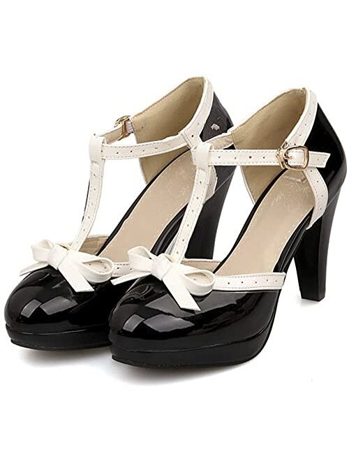 ForeMode Fashion Women T-Strap High Heels Bow Platform Round Toe Pumps Leather Summer Sweet Shoes