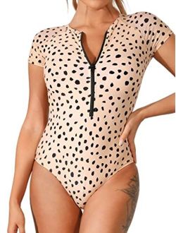 One Piece Swimsuit for Women High Neck Zipper Short Sleeve Bathing Suit