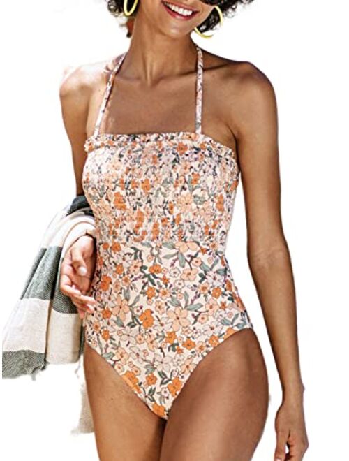 CUPSHE One Piece Swimsuit for Women Bathing Suit Floral Backless Halter Removable Spaghetti Straps