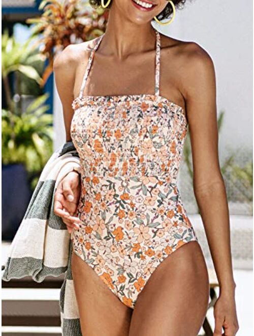 CUPSHE One Piece Swimsuit for Women Bathing Suit Floral Backless Halter Removable Spaghetti Straps