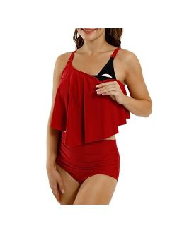 Awfesk Women Tankini Breastfeeding Swimsuit Nursing High Waisted Ruffle Top Tummy Control Post-partum Swimwear