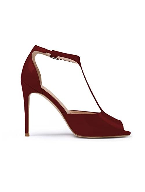 Soireelady Womens High Heel Sandals| Peep Toe T-Strap 10cm Pumps | Ankle Buckle Wedding Dress Shoes