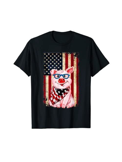 Funny Animal Lovers 4th Of July Tees Pig American Flag 4th Of July Funny Farmers Patriotic Tees T-Shirt