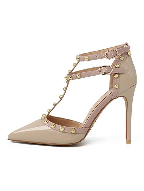 Comfity Womens Rivets Pointed Toe Pumps Golden Round Rivets Strappy Ankle T-Strap Stiletto Dress Wedding Sandals
