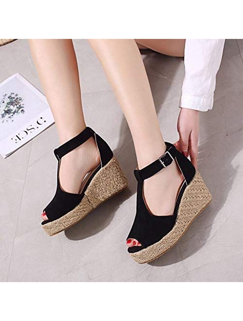 MIOKE Women's Espadrille Wedge Platform Sandals T-strap Peep Toe Ankle Strap Chunky High Heels Sandal