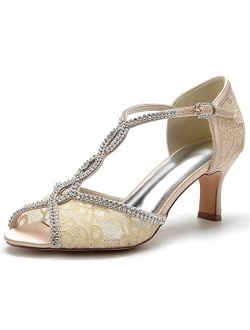 COMFASH 6.5Cm Bridal Wedding Shoes Women's Silk Like Satin Stiletto Heel Peep Toe Girl's Glitter Strappy Ankle T Strap Kitten Heel Sandal