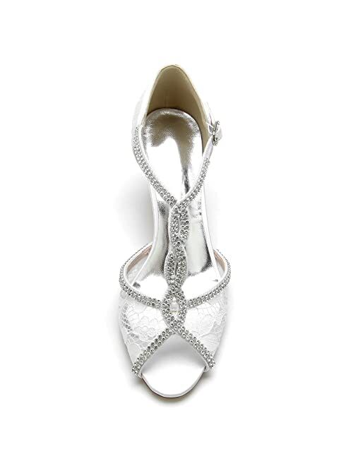 COMFASH 6.5Cm Bridal Wedding Shoes Women's Silk Like Satin Stiletto Heel Peep Toe Girl's Glitter Strappy Ankle T Strap Kitten Heel Sandal