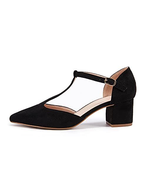 Huiyuzhi Womens T-Strap Pumps Pointed Toe Ankle Strap Buckle Chunky Block Heel Dress D’Orsay Sandals